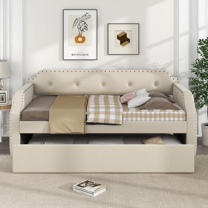 Twin Size Daybed with Trundle, Upholstered daybed Frame with Button Tufted and Nailtrim on Arms, Wood Sofa Bed with Trundle Bed and Caster Design for Living Room, Bedroom, Guest Room, Beige.