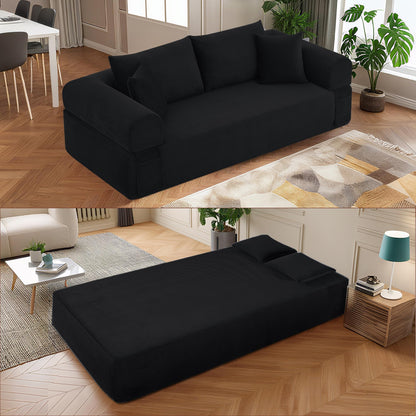 83" Modern Sofa in a Box, No Assembly Oversized 3 Seater 28" Deep Seat Cloud Sofa Bed Couch with 4 Furry Pillows & Corduroy Fabric, Boneless Couch with Side Storage Pockets for Living Room, Black