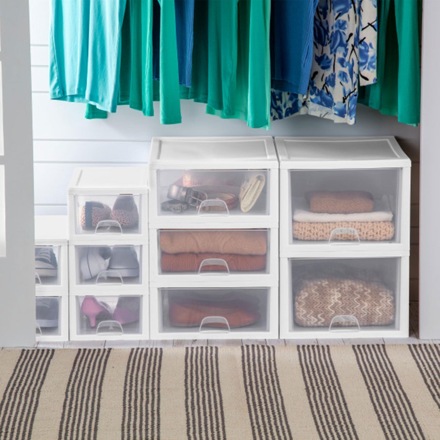 Sterilite 16-Pack 27 Quart Stacking Drawer, Clear Storage Closet Organizer, White Frame - Stackable Modular Plastic Drawers for Clothes, Accessories, Craft Supplies, Shoes or Linens