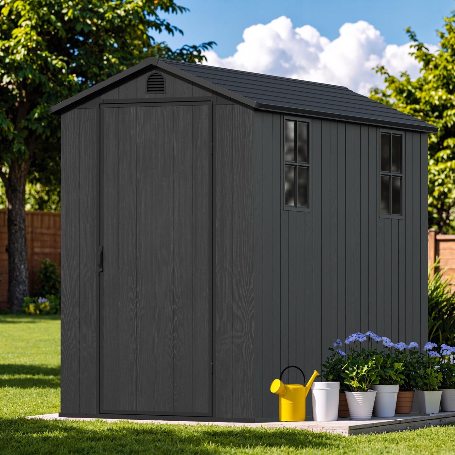 Devoko 4×8 FT Resin Storage Shed with Floor, Garden Plastic Outdoor Shed with Window and Lockable Door, Waterproof Outside Tool shed for Backyard Patio, Dark Grey