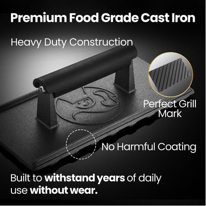 3lb Cast Iron Grill Press, Heavy Duty Smash Burger Press for Griddle Heat Resistant Handle, Burger Smasher, Hamburger Press, Grill Press for Griddle, Bacon Press Meat Press, BBQ Grill Accessories