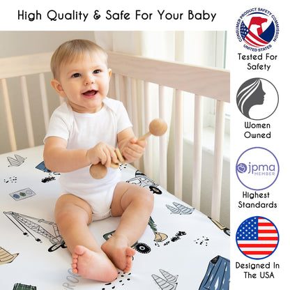 Sweet Jojo Designs Fitted Baby Crib Sheets (Green Construction Truck) for Boys, Infant Nursery, Toddler Room - Standard Size (Transportation, Bulldozer, Tractors, Cranes, Blue, Grey & Yellow, Trucks)