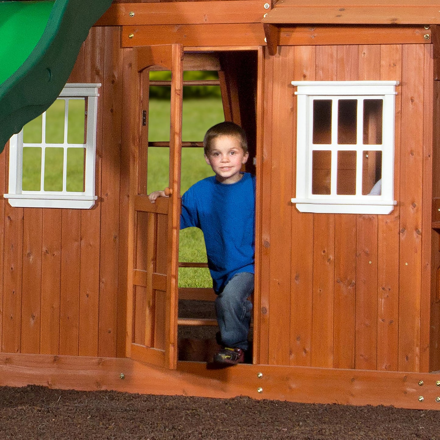 Backyard Discovery Shenandoah Cedar Wood Swing Set with Wave Slide, Raised Clubhouse, Playhouse, Play Kitchen, Belt Swings, Trapeze, Rock Wall, Ladder, Picnic Table, Full Door, Outdoor Playset