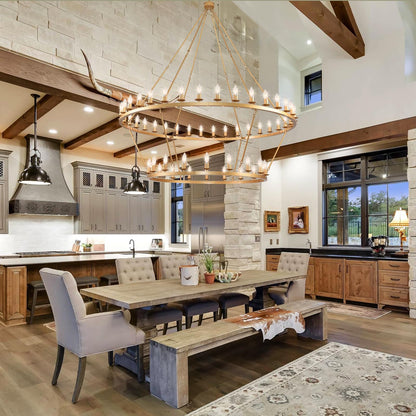 JKLX 60 Inch Gold Extra Large Wagon Wheel Chandelier, 2 Tier 54-Lights Farmhouse Industrial Round High Ceiling Pendant Light Adjustable Chain, for Dining Room, Living Room
