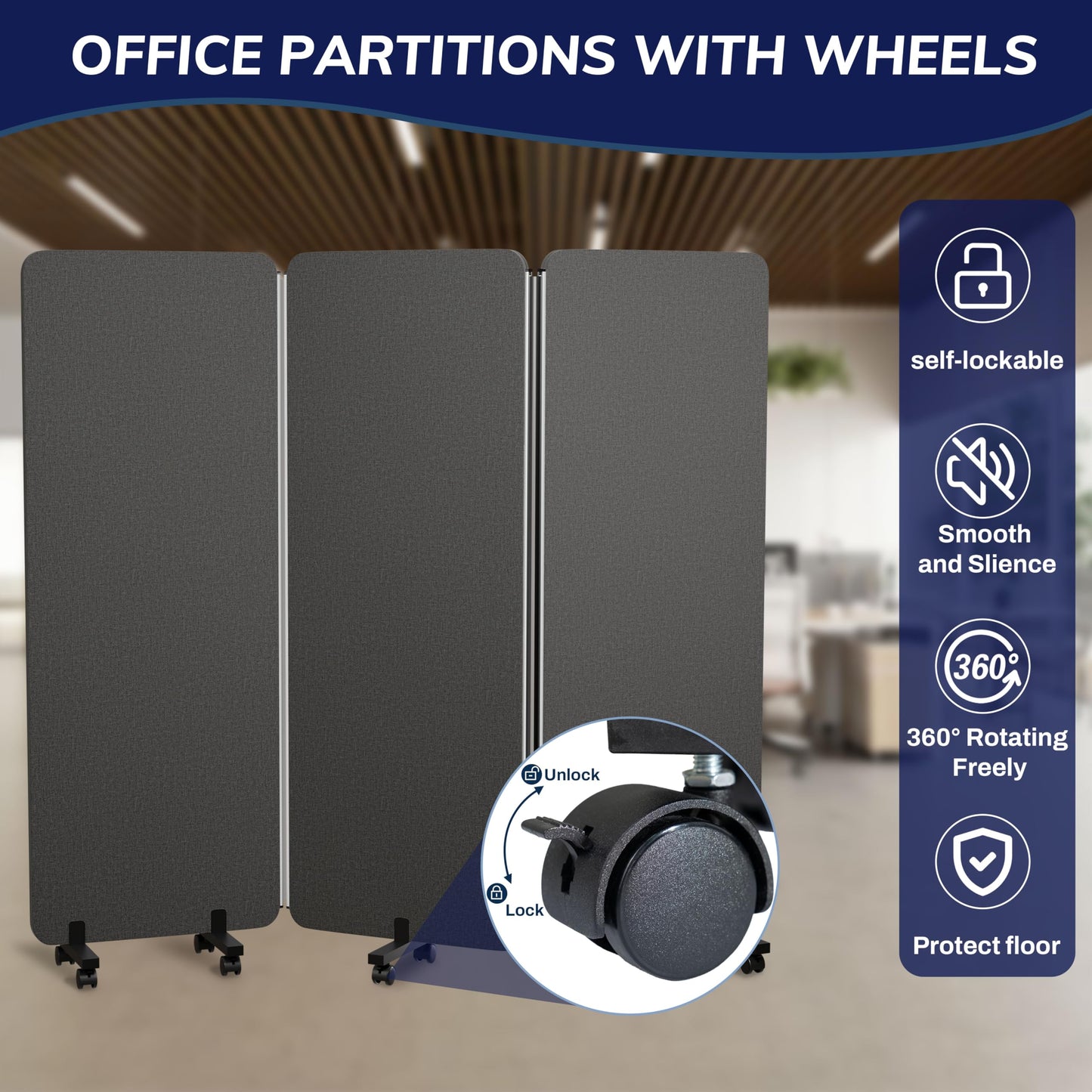KERRAM 3 Panel Foldable Office Partitions, Mobile Cubicle Wall with Wheels, 71 x 66 Inch Noise Cancelling & Sound Proof Room Dividers Partition Wall, Aluminum Frame Dark Gray