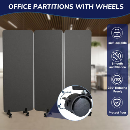 KERRAM 3 Panel Foldable Office Partitions, Mobile Cubicle Wall with Wheels, 71 x 66 Inch Noise Cancelling & Sound Proof Room Dividers Partition Wall, Aluminum Frame Dark Gray