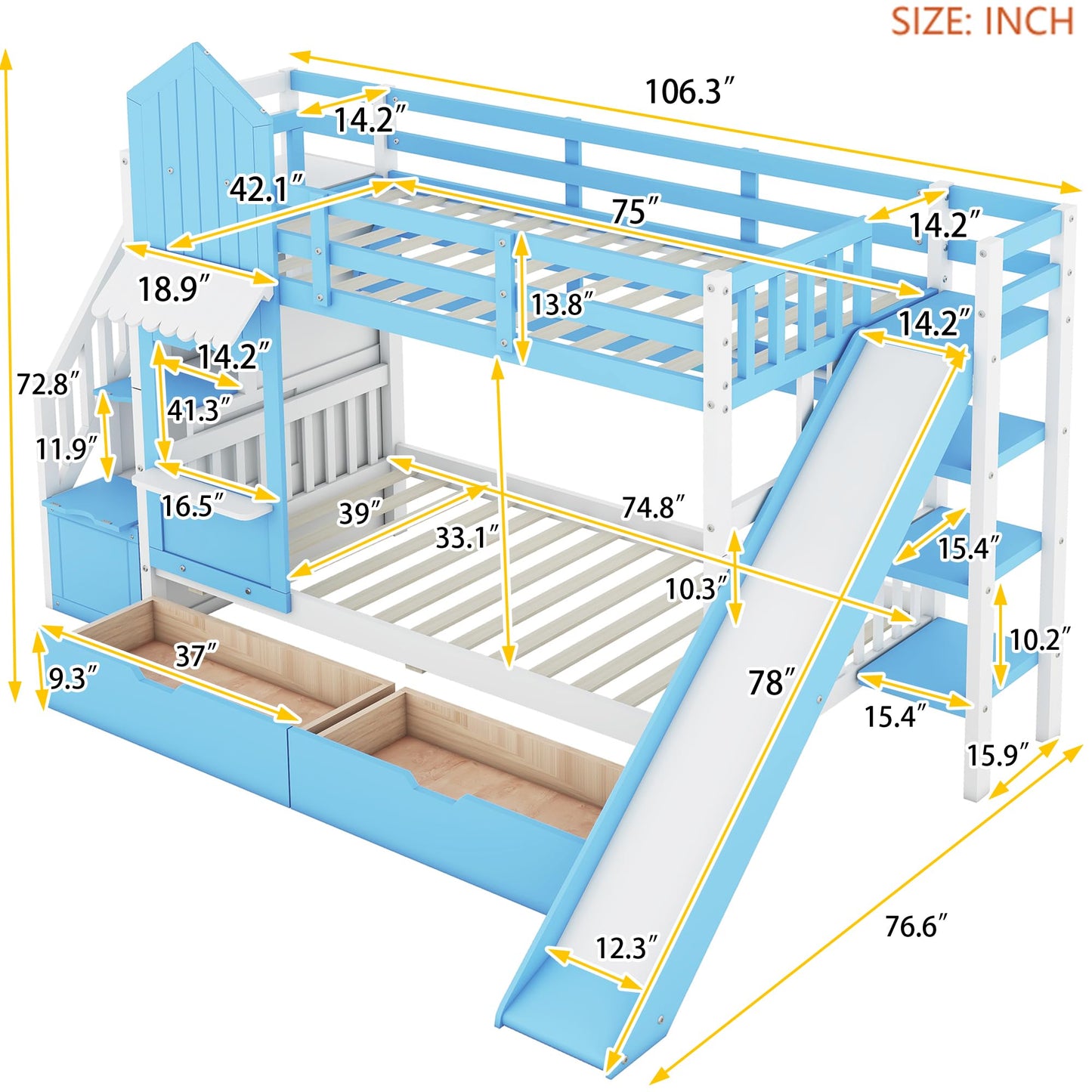 Twin-Over-Twin Bunk Beds Castle Style Bunk Bed with 2 Drawers 3 Shelves and Slide - Blue