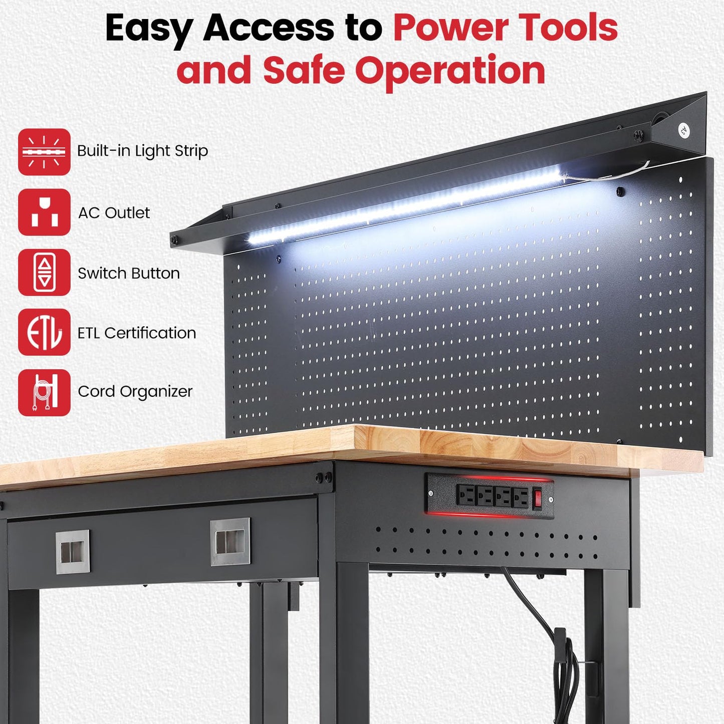 ENJOYWOOD Work Bench with Wheels 60 x 22 Inch Heavy Duty Rubberwood Tabletop Work Table Adjustable Height Garage Workbench with LED, Drawers, Pegboard, Power Outlets for Woodworking Shop, Home, Office