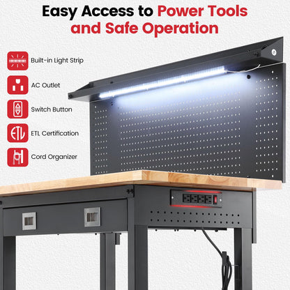 ENJOYWOOD Work Bench with Wheels 60 x 22 Inch Heavy Duty Rubberwood Tabletop Work Table Adjustable Height Garage Workbench with LED, Drawers, Pegboard, Power Outlets for Woodworking Shop, Home, Office