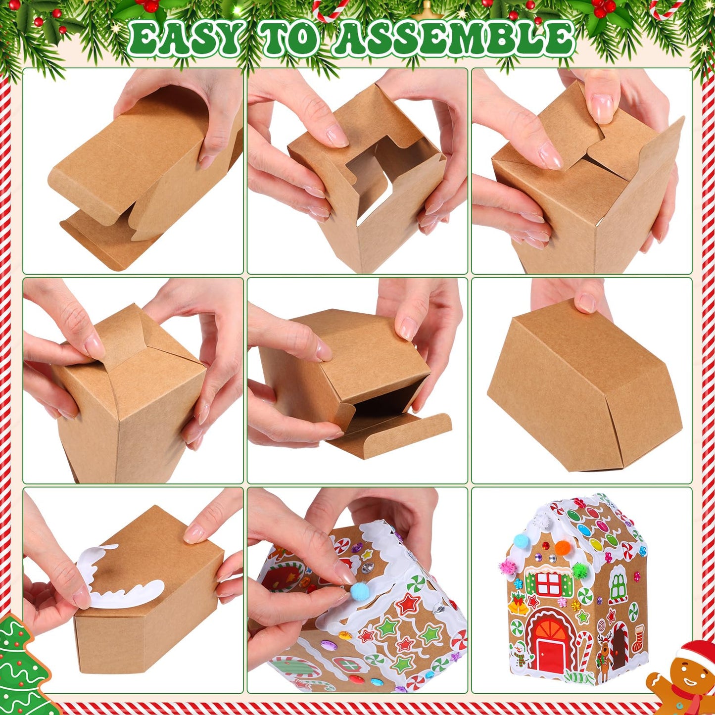 Dianelhall 24 Sets Christmas Gingerbread House Cardboard DIY Gingerbread House Craft Kits with Pom Poms Stickers for Christmas Holiday Party Favors Supplies Decorations Xmas Home Game Activities