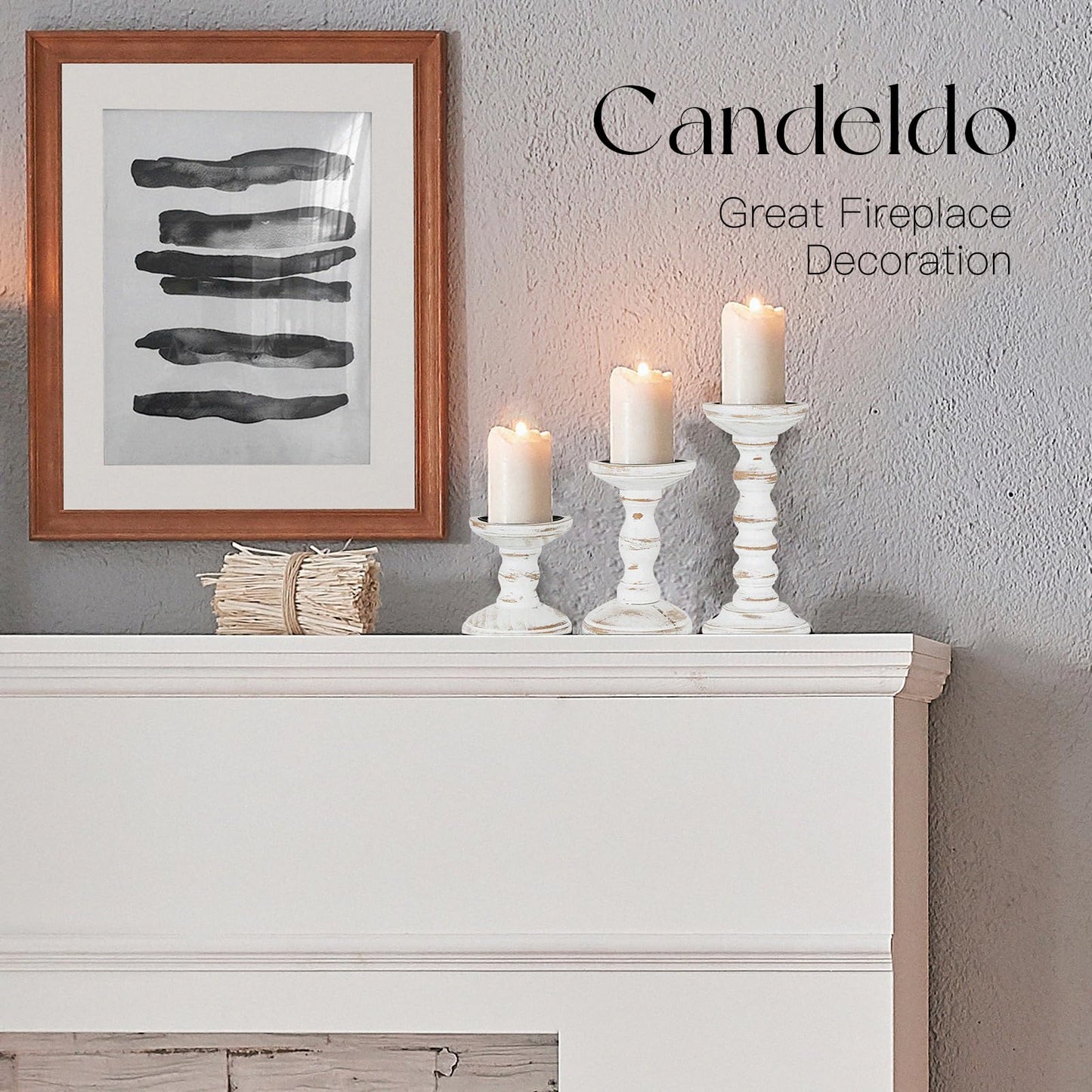 Candeldo Wood Candle Holders for Pillar: Rustic Candles Holder Set of 3 Tall Table Centerpiece Shabby Chic Decor Wooden White Farmhouse Decorations for Fireplace Mantle