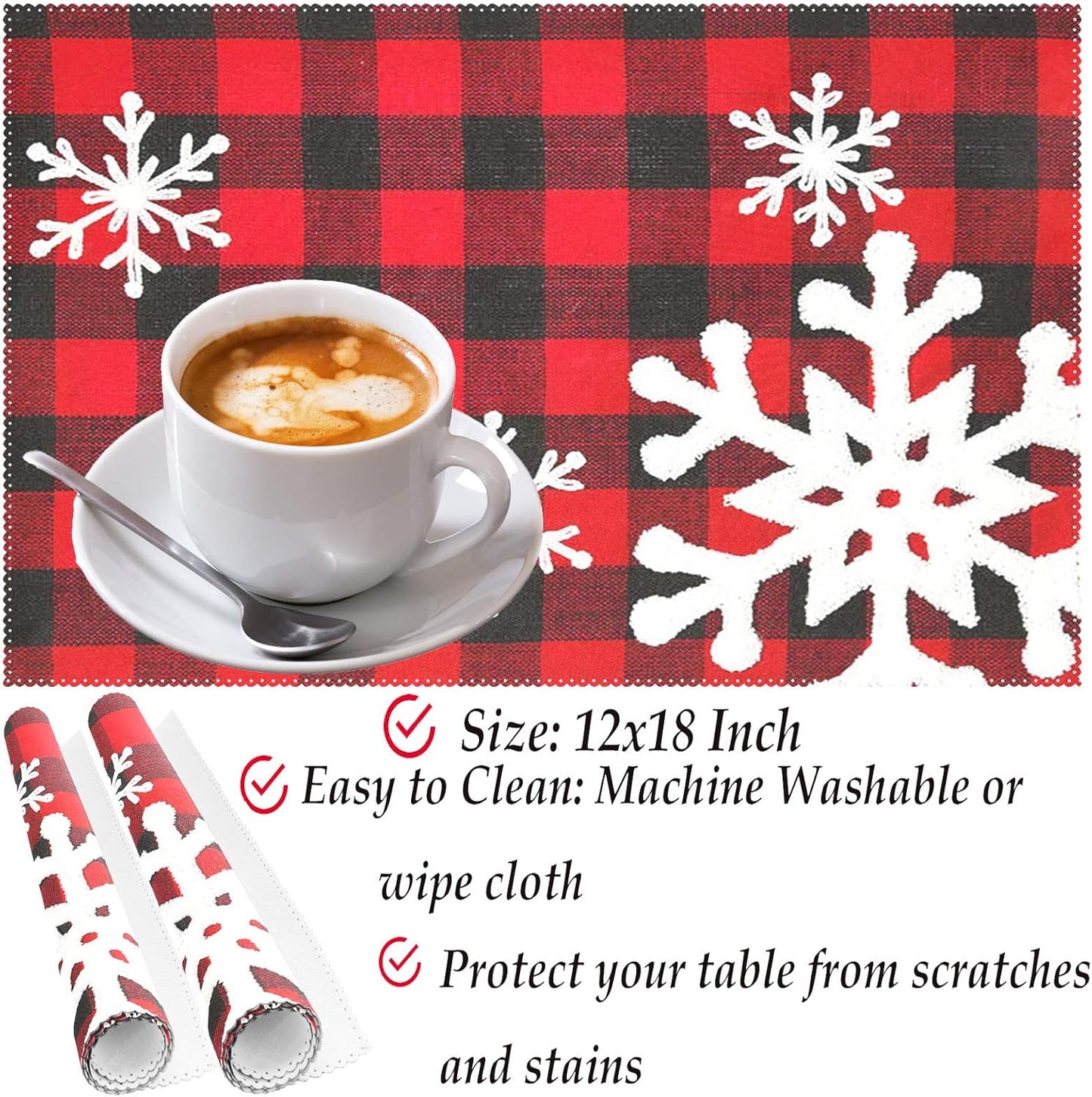 Christmas Red Plaid Snowflake Placemats, Set of 6, Heat-Resistant, Washable Table Mats for Kitchen Dining Decoration