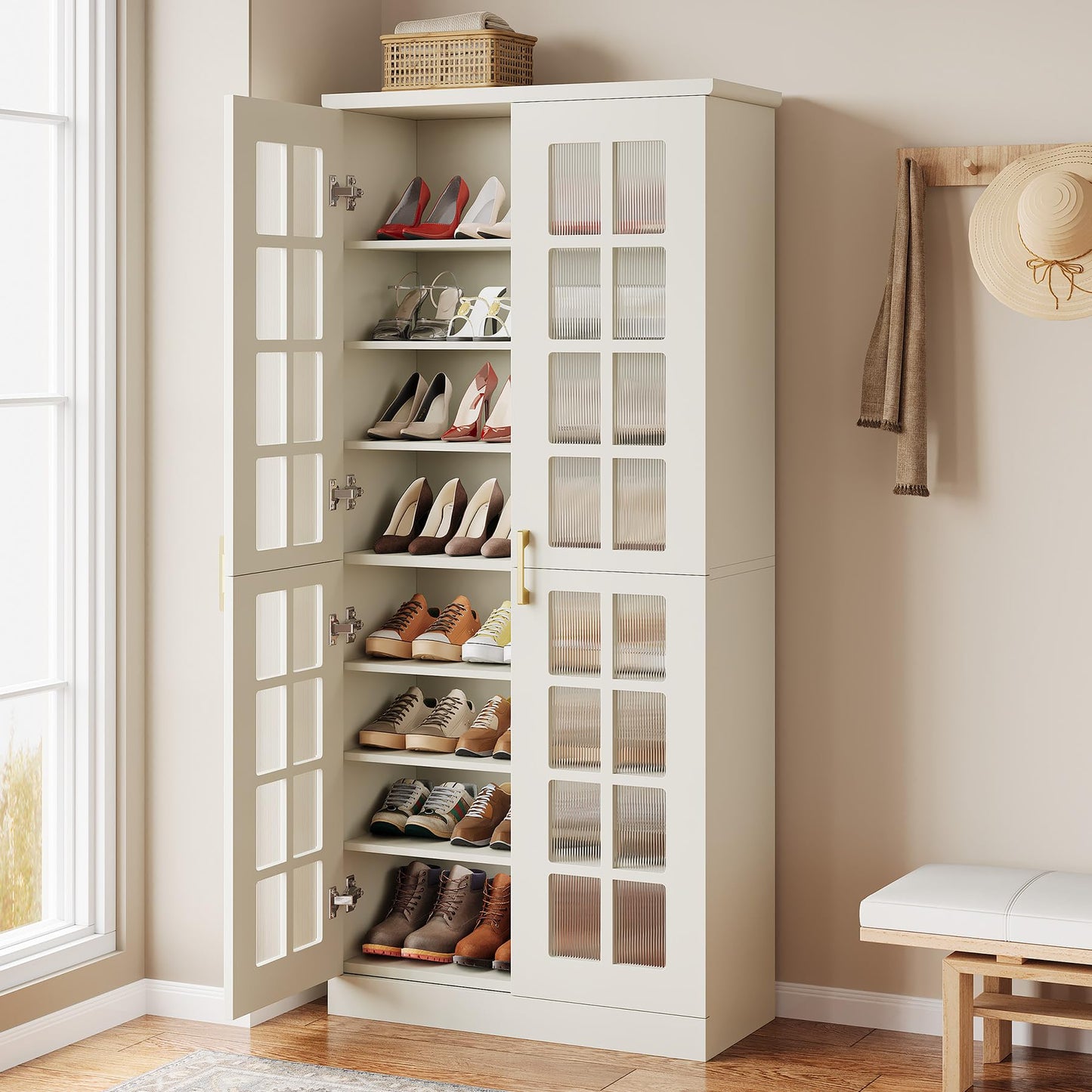 Tribesigns Tall Shoe Cabinet with Doors, 8-Tier Shoe Storage with Adjustable Shelves, Modern Shoe Organizer Shoe Rack Cabinet for Entryway, Hallway, Closet, Living Room, White
