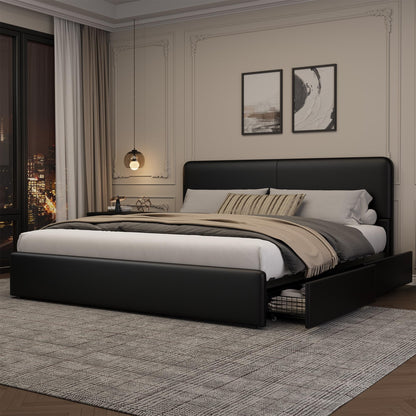 GarveeHome Modern Upholstered Platform Bed Frame with Headboard and Storage Drawers – PU Black Faux Leather, Sturdy Wooden Slat Support, Noise-Free, No Box Spring Needed, Easy Assembly – King Size, PU