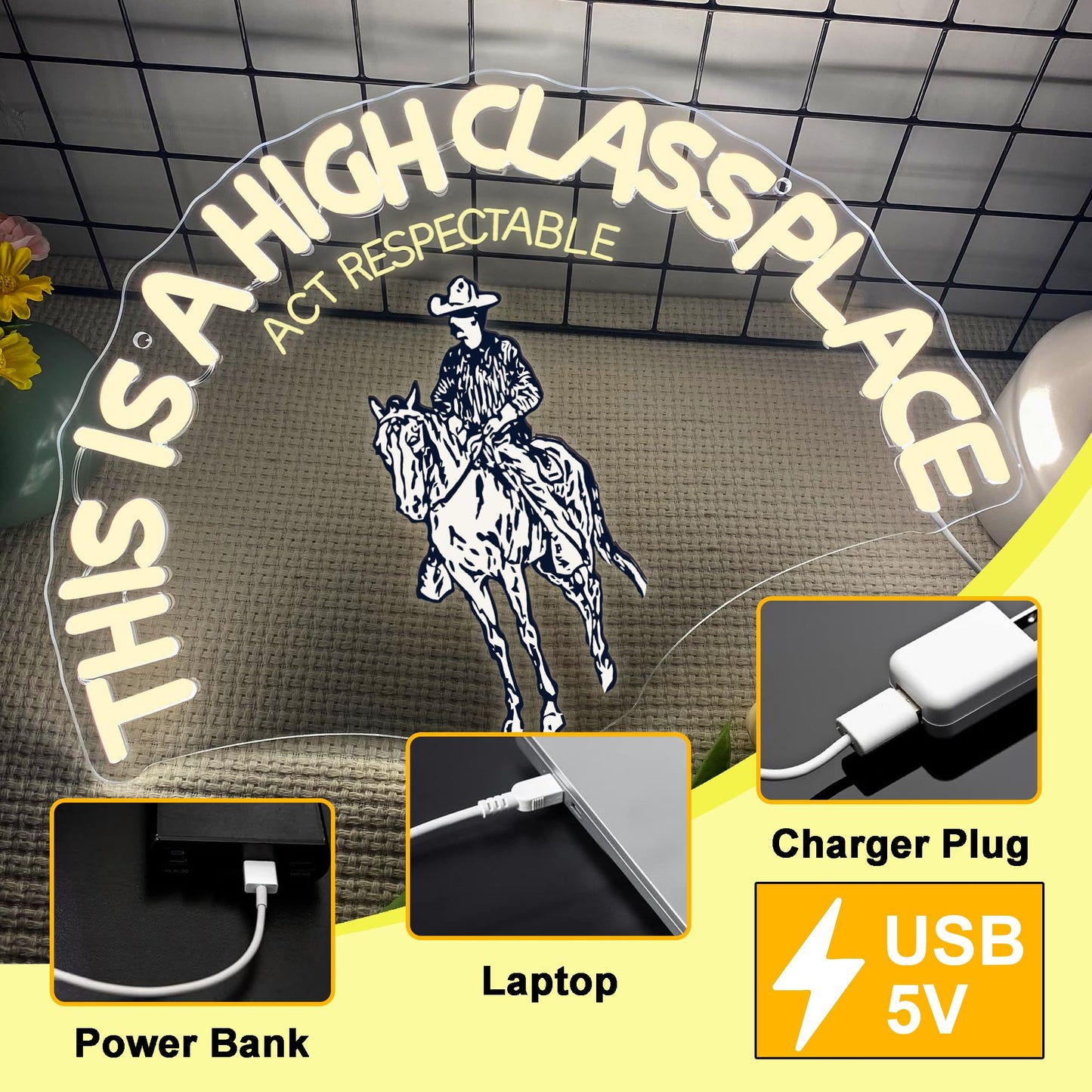 This Is A High Class Place Neon Sign, Western Riding Cowboy Neon Light, USB Powered LED Neon Light, Elegant Wall Decor, Bar Sign, Restaurant Decor for Man Cave Farm Party Birthday Gifts(16.5 * 11.8in)