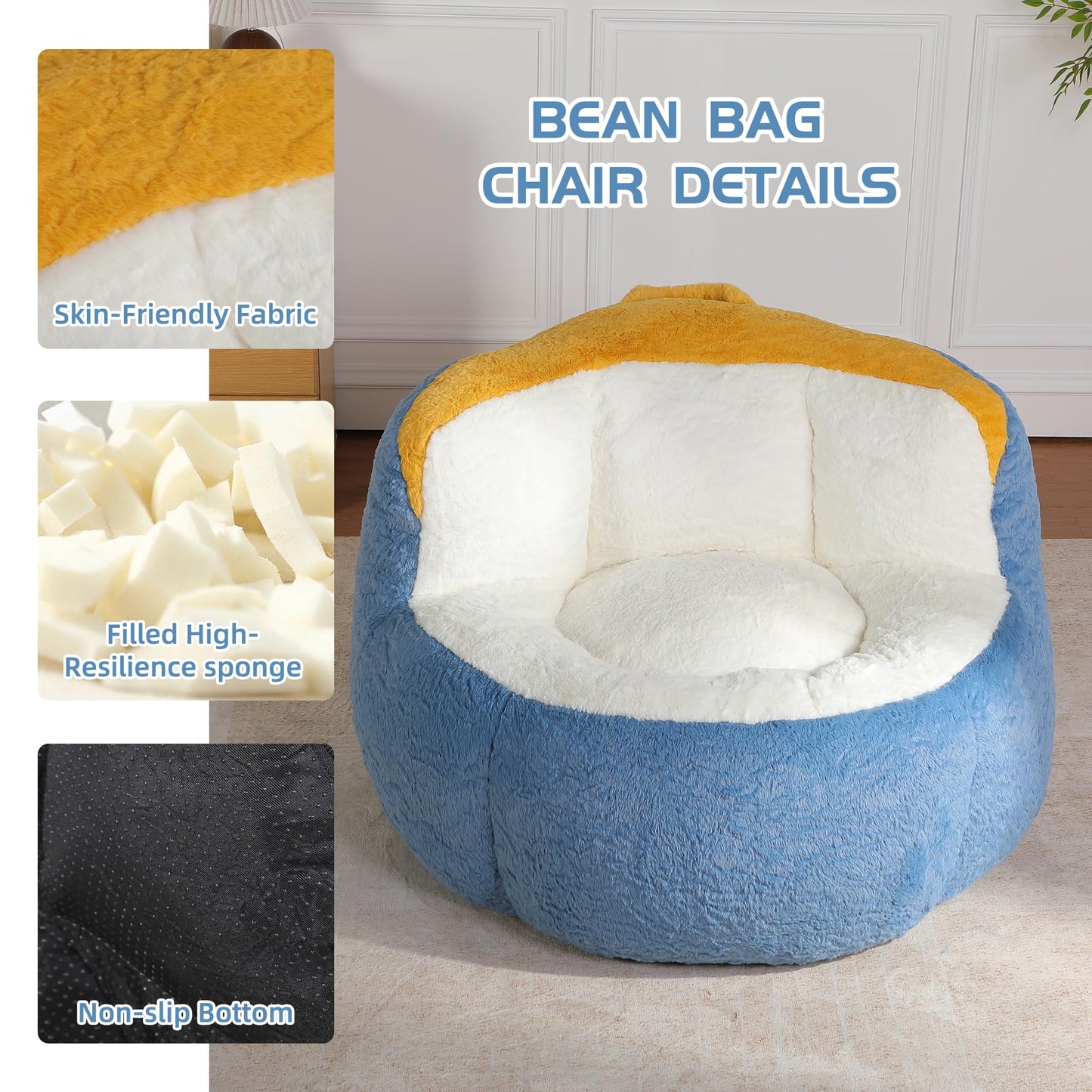 Amacv Oversized Bean Bag Chairs,Multicolor Faux Fur Couch Filled with Shredded Sponge,Large Lounger Sofa for Living Room,No Assembly Required, Blue+White+Yellow