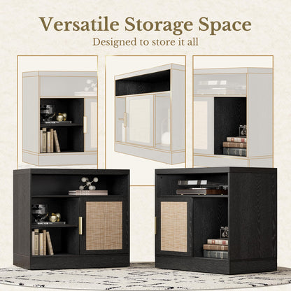 Perledesign Rattan File Cabinet with Door, 32'' Lateral File Cabinet with Open Adjustable Shelves, Wood Filing Cabinet with Sliding Door for Home Office, Black