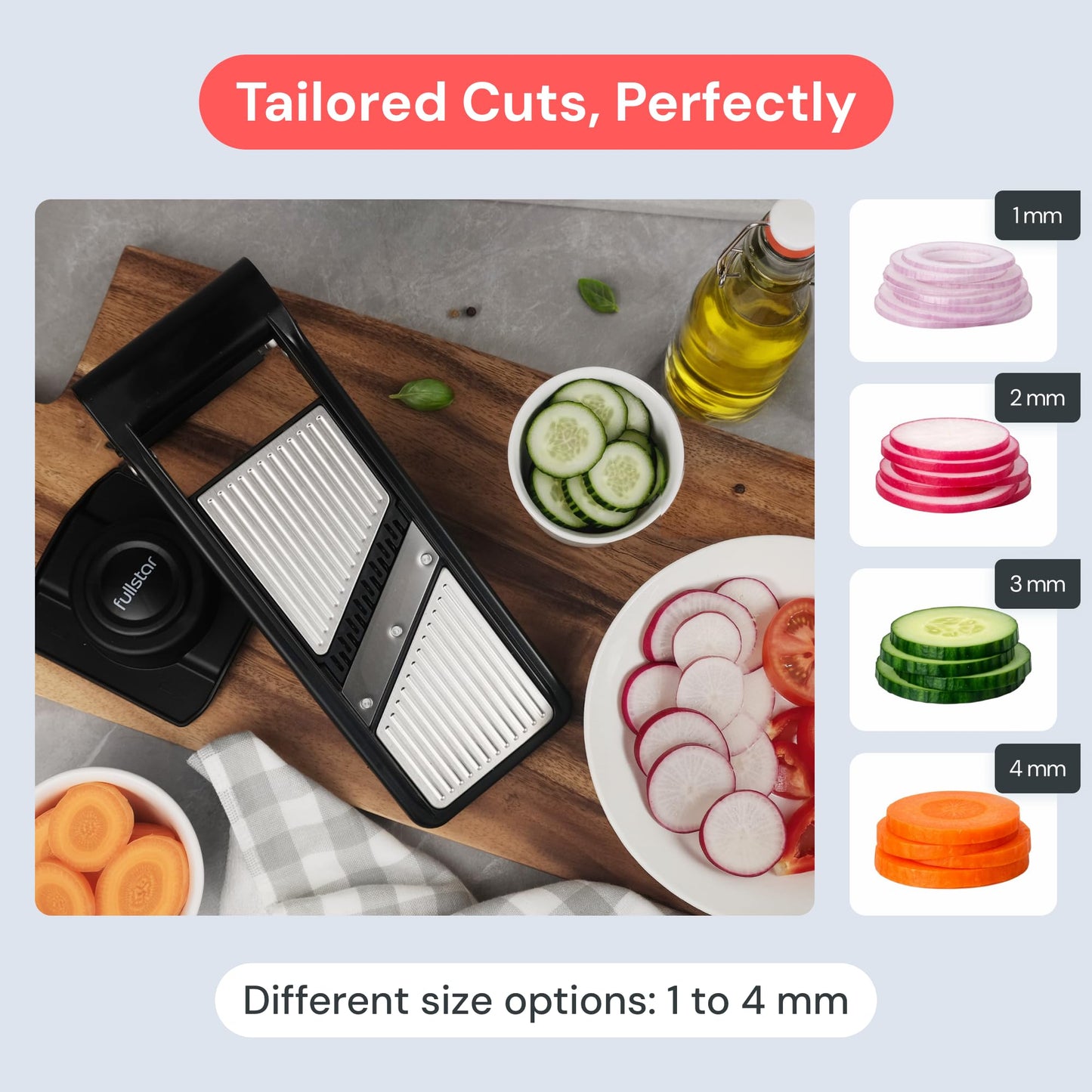 Fullstar 2 in 1 Stainless Steel Mandoline - Adjustable Thickness (1-4mm) - Vegetable Slicer with Julienne Blade for Potatoes, Fruits, Vegetables and Cheese, Food Prep Cutter for Easy Meal Prep