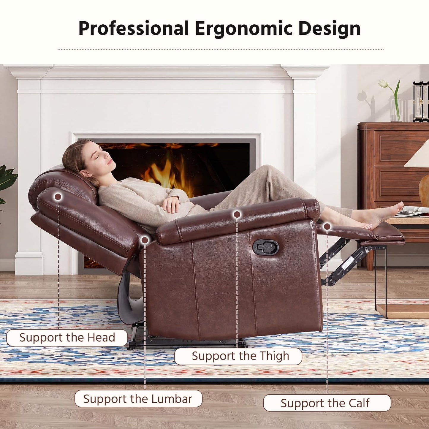ANJ Premium Genuine Leather Manual Recliner Chair for Adults, Overstuffed Recliners with Padded Backrest, Single Heavy Duty Reclining Sofa for Living Room Bedroom, Rust Brown