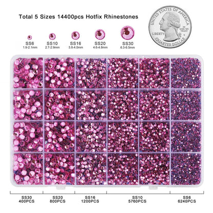 Pink Hotfix Rhinestones Multi Sizes Kit, 14400 pcs Heat Fix Rhinestone for Bedazzling Clothes Crafts Mixed 5 Sizes with Wax Pencil, Tweezers and Spoon, SS6-SS30, Dark Pink