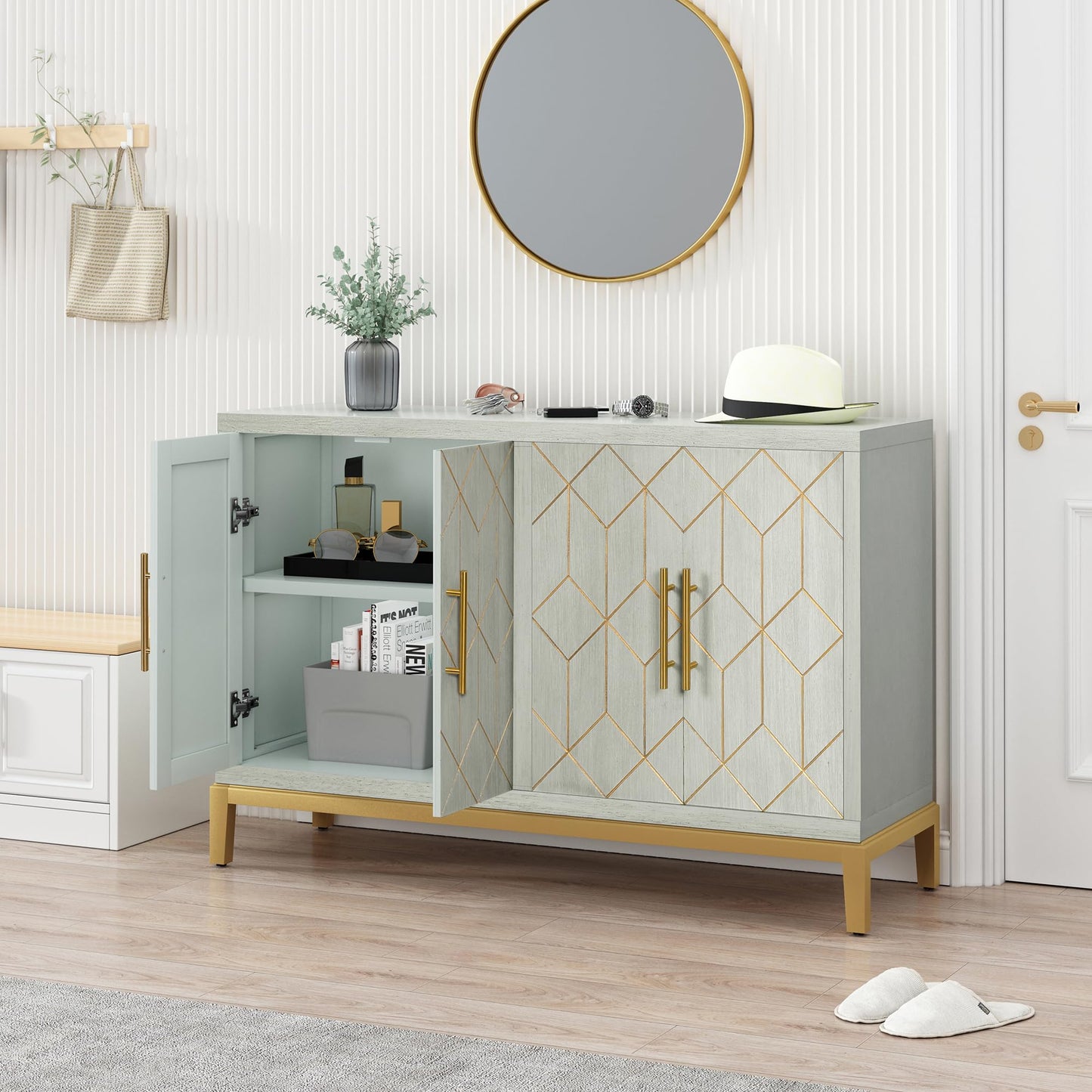 ARTPOWER Accent Cabinet with 4 Doors, Modern Credenza Storage Cabinet, Carved Decorative Buffet Sideboard for Living Room, Kitchen, Office, and Hallway, Green