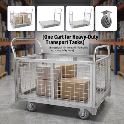 2200 LBS 4-in-1 Cart, Platform Truck Cart with maidian, 360° Direction Wheel Platform cart, Rust Resistant Steel Cage, for Grocery Store, Garage & Warehouse use