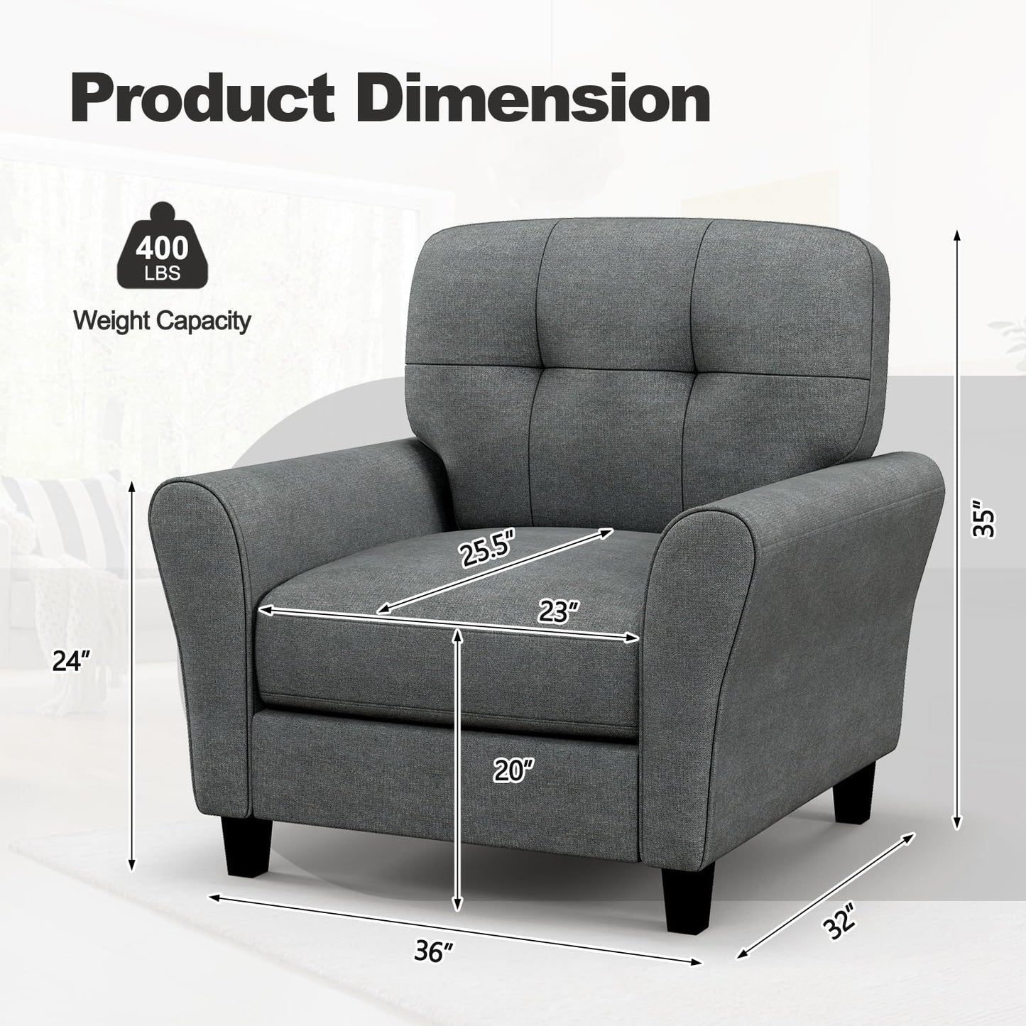 Giantex Modern Mid-Century Accent Chair - Linen Living Room Chair with Tufted Back, 7" Thick Cushion, Max Load 400 lbs, Upholstered Armchair with Non-Slip Foot Pads, Club Chair for Bedroom, Grey