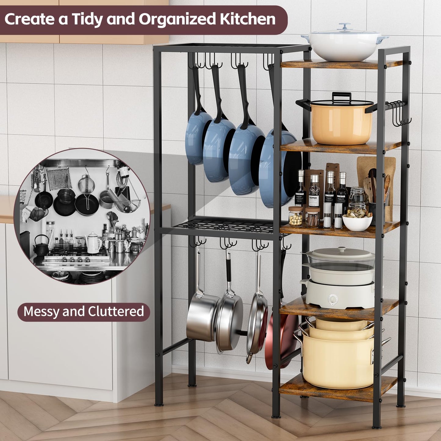 OMISRUIS 5-Tier Pot and Pan Organizer Rack with Hooks, Heavy-Duty Kitchen Storage Shelf for Cookware, Dishes, and Utensils, Freestanding Metal Pot Rack Organizer for Kitchen, Pantry, or Dining Room