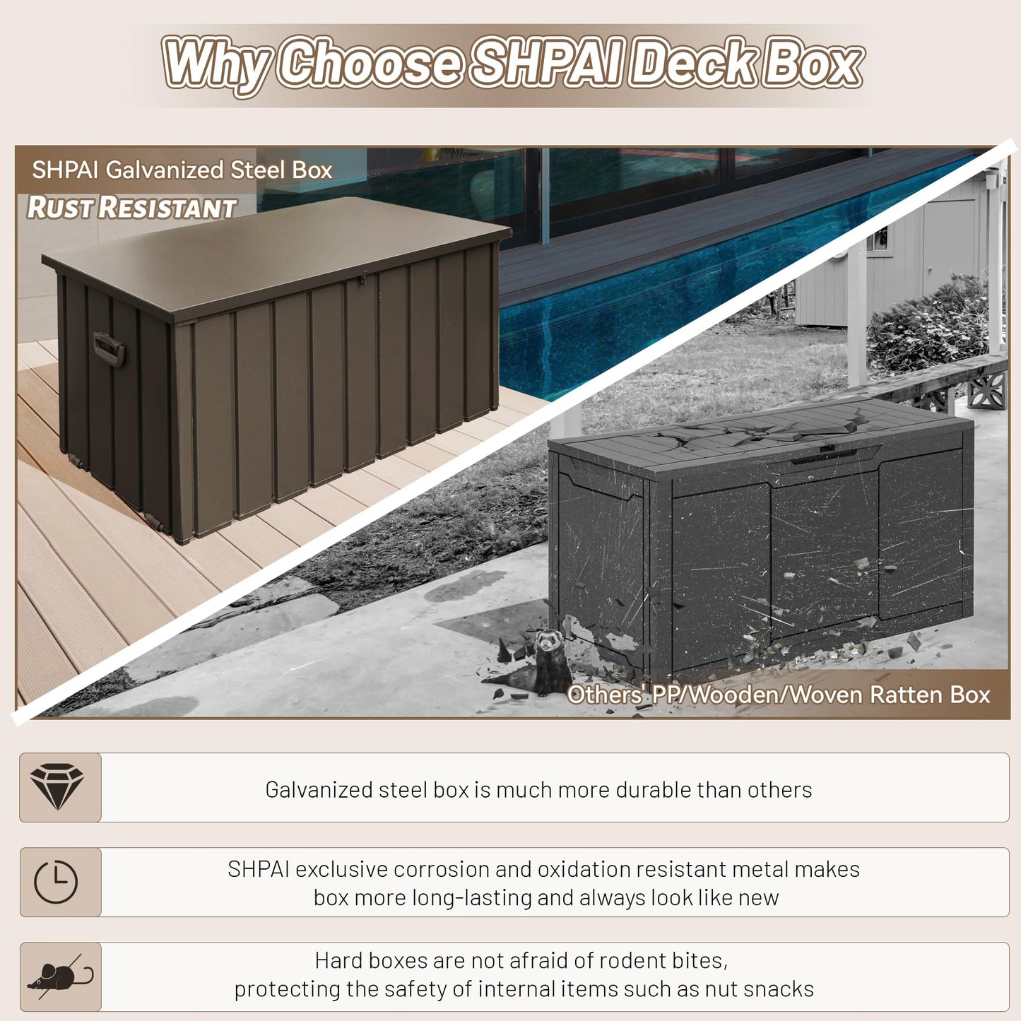 SHPAI 190 Gallon Metal Deck Box, Waterproof Steel Outdoor Box, Large Patio Furniture Storage Cabinet, Lockable Storage Bench for Porch Package Delivery, Pillows, Cushions, Pool, Tools, Backyard, Brown