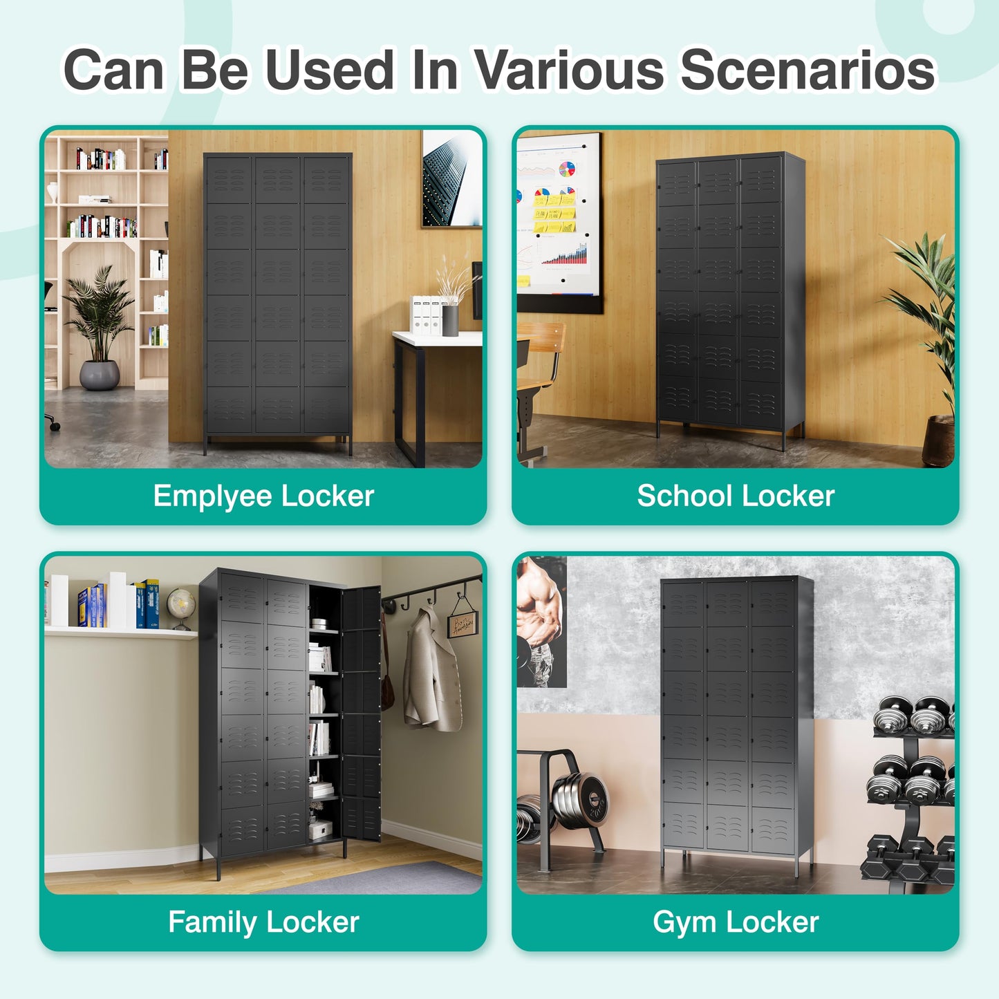 SISESOL Metal Lockers for Employees,Lockable Storage Locker with Shelf,Large Lockers for Storage with Leg,Gym Locker,Steel Employee lockers for Home Office School Gym Garage (Black,18 Door)