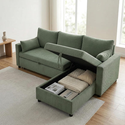 Trygoal Queen Sleeper Sofa, Convertible Sofa Bed with Storage, 85 Inch Sectional Couch with Pull Out Bed, L Shaped 3 Seat Sectional Sleeper Sofa for Living Room, Apartment, Green
