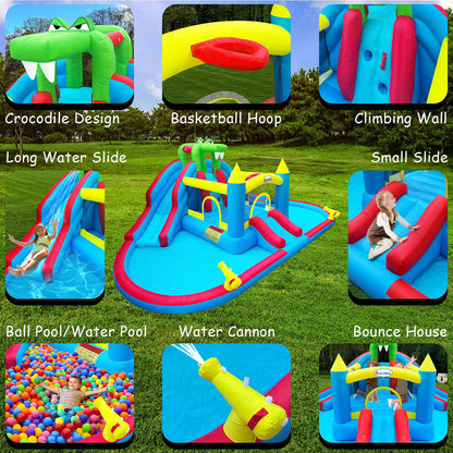Rolonal Inflatable Bounce House with Water Slides,Double Ball Pit/Water Pool,Crocodile Styling,Climbing Wall,Outdoor Kids Bouncy Castle with Air Blower