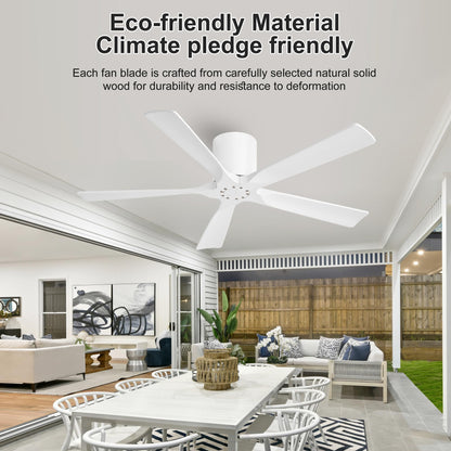 LEDLUX 52 Inch Flush Mount Ceiling Fan No Light - 5 Solid Wood Blades, 6-Speed Reversible DC Motor, Noiseless Low Profile Ceiling Fan without Light for Bedroom Living Room, White