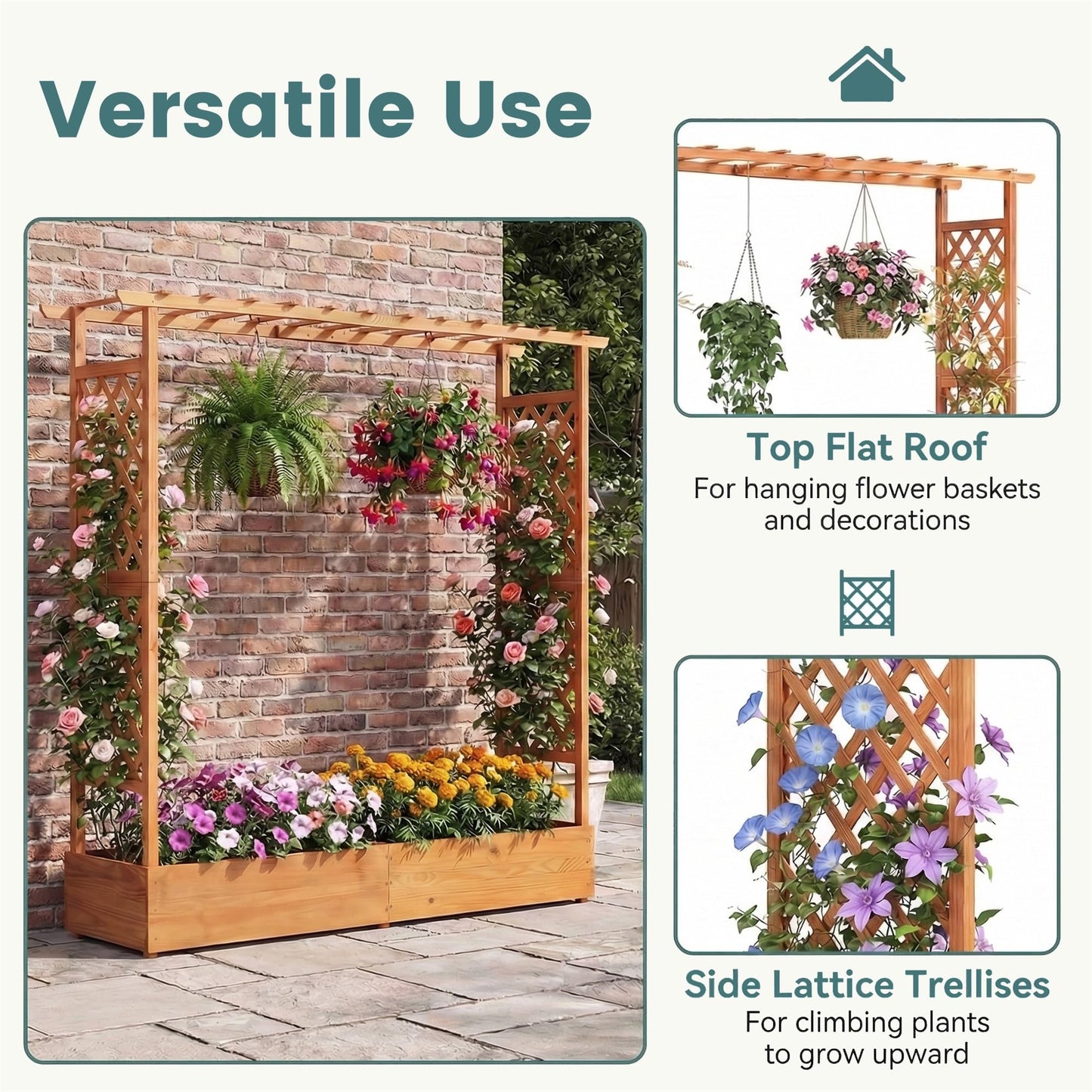 HAPPYGRILL Raised Garden Bed with Trellis, Freestanding Wood Planter Box w/Hanging Roof & Drainage Holes for Vine, Climbing Plants, Flowers, Outdoor Planter with Trellis for Garden, Patio, Yard (2)