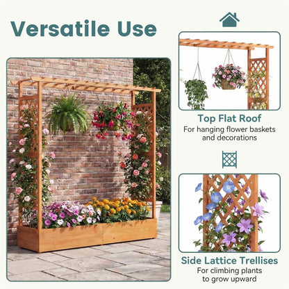 HAPPYGRILL Raised Garden Bed with Trellis, Freestanding Wood Planter Box w/Hanging Roof & Drainage Holes for Vine, Climbing Plants, Flowers, Outdoor Planter with Trellis for Garden, Patio, Yard (2)
