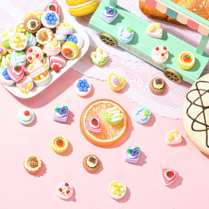 LiQunSweet 100 pcs Mixed Styles Miniature Figurines Imitation Cake Resin Ornament Mini Dessert Food No Hole Beads Display for DIY Jewelry Embellishment Craft Home Office Desk Decor