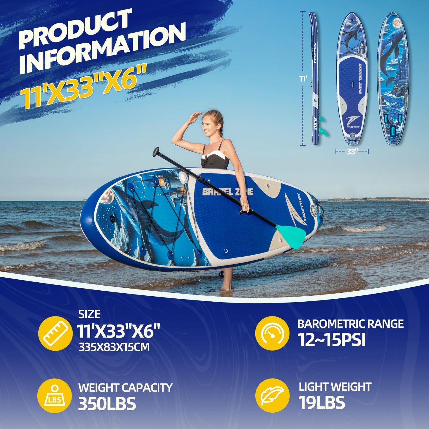 TIDETREK 11'/11'6" x 33"/34" x 6" Inflatable SUP Paddle Board – Extra-Wide, Stable Stand Up Paddle Board with Premium Full Accessory Set for Adults & Youth (Whale Dream, 11'x33 x6)