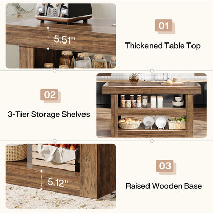 Tribesigns 55-Inch Kitchen Island with Storage, Farmhouse 3-Tier Stationary Island Table with Large Countertop, Wooden Coffee Bar Table Storage Cabinet for Kitchen, Dining Room, Living Room, Brown
