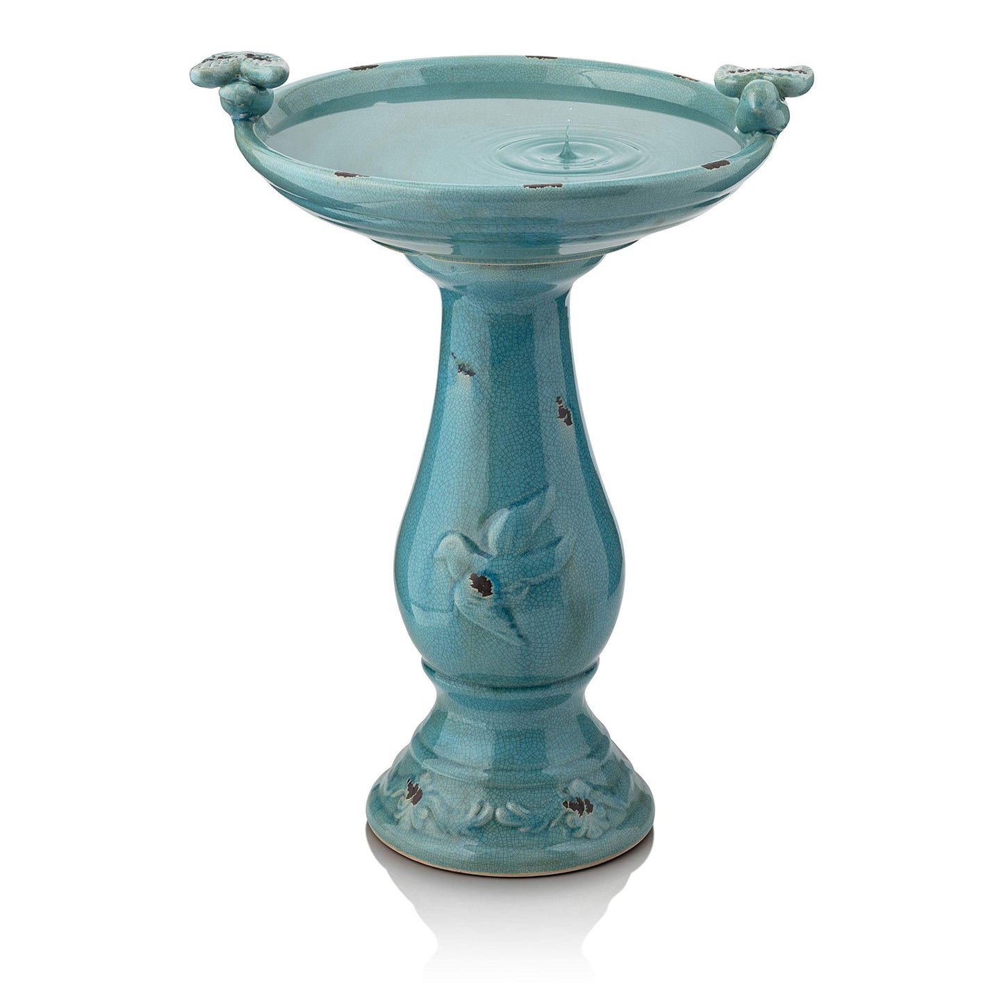 Alpine Corporation 25" Tall Outdoor Ceramic Antique Pedestal Birdbath Bundle with Red and Turquoise Bird Figurines