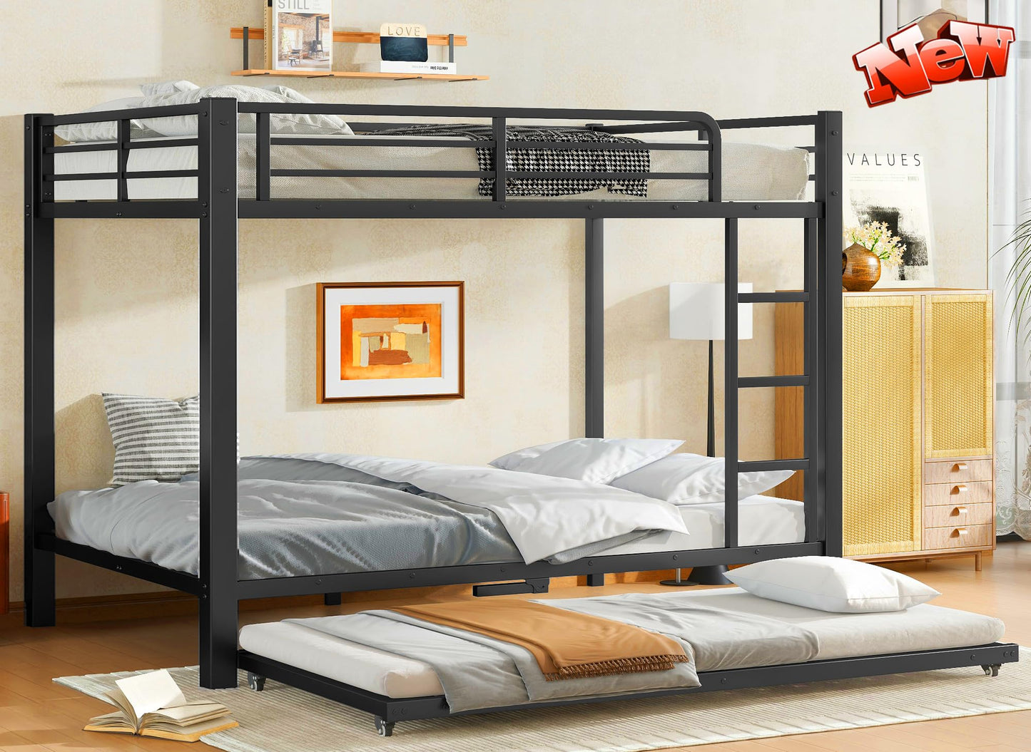 SIMPLEZC Upgraded Version Thicken Stronger Metal Heavy-Duty Full Over Full Bunk Bed with Twin Size Trundle, Bunk Bed for Adults with Ladders, Easy Assemble (Full/Full)
