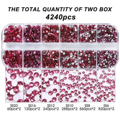 Meibite Rose Glass Flatback Rhinestones for Nails, Crafts & Clothes – 4240PCS 6 Sizes (SS6–SS20) Crystal Gems Kit with Tweezers & Picker, Non Hotfix DIY Rhinestones for Tumblers, Shoes, Nail Art
