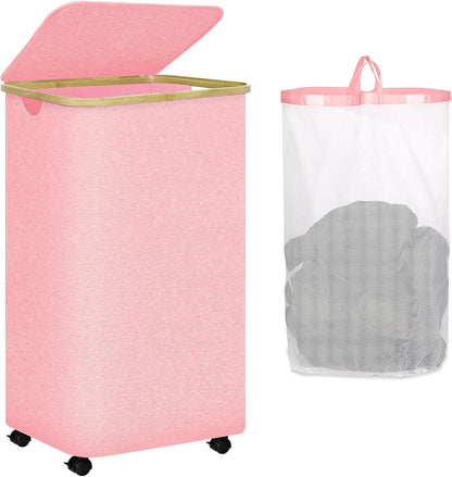 conglow 100L Pink Hamper with Wheels - Large Laundry Hamper with Lid, Rolling Hamper on Wheels, Collapsible Laundry