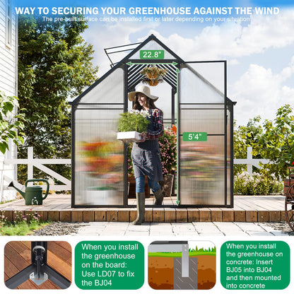 CDCASA 16x6 FT Greenhouse for Outdoors, Easy Assembly Large Aluminum Heavy Duty Polycarbonate Greenhouses Kit w/2 Window, Swing Door, Walk-in Green House for Outsides, Sunroom, Backyard, Garden