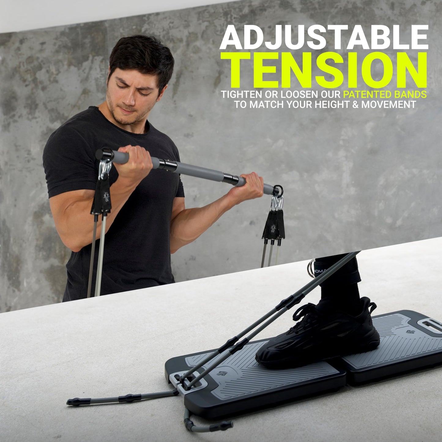 EVO Gym - Portable Home Gym Strength Training Equipment, At Home Gym | All in One Gym - 10 Resistance Bands, Base Holds Gym Bar & Handles for Travel | Portable Gym & Home Exercise Equipment | 320LBS