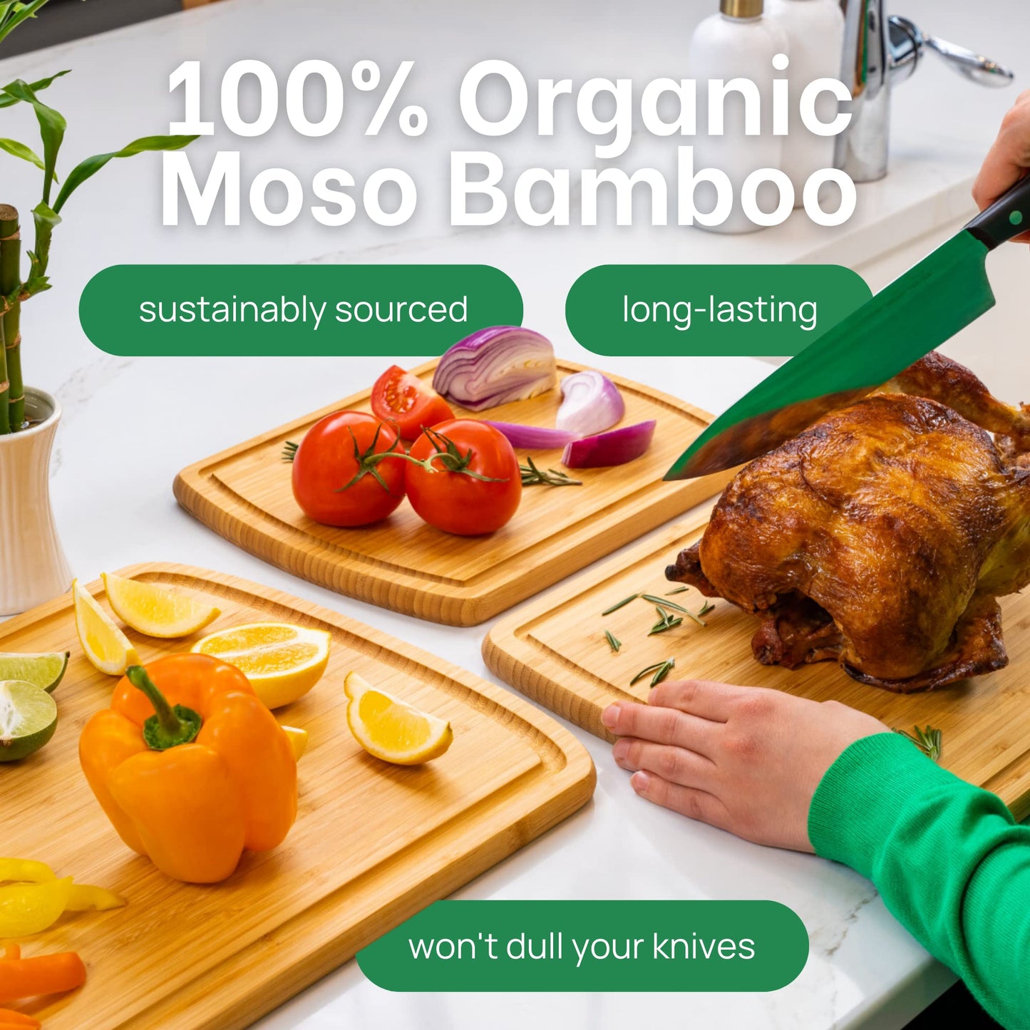 Greener Chef Luxury Wood Cutting Board 3-Piece Set with Vertical Grain Strength Technology - Extra Large Bamboo Cutting Boards for Kitchen with Deep Juice Grooves for Chopping - Lifetime Replacements