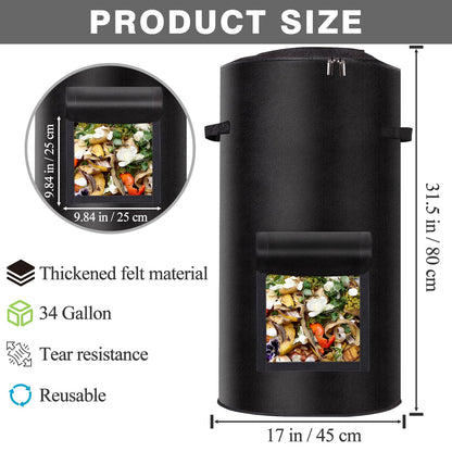 Compost Bins Outdoor with Observation Windows, 34 Gallon Reusable Home Compost Bucket for Outside Garden, Backyard, Heavy Duty Nonwoven Fabric Yard Waste Bag (1 Pack, Black)