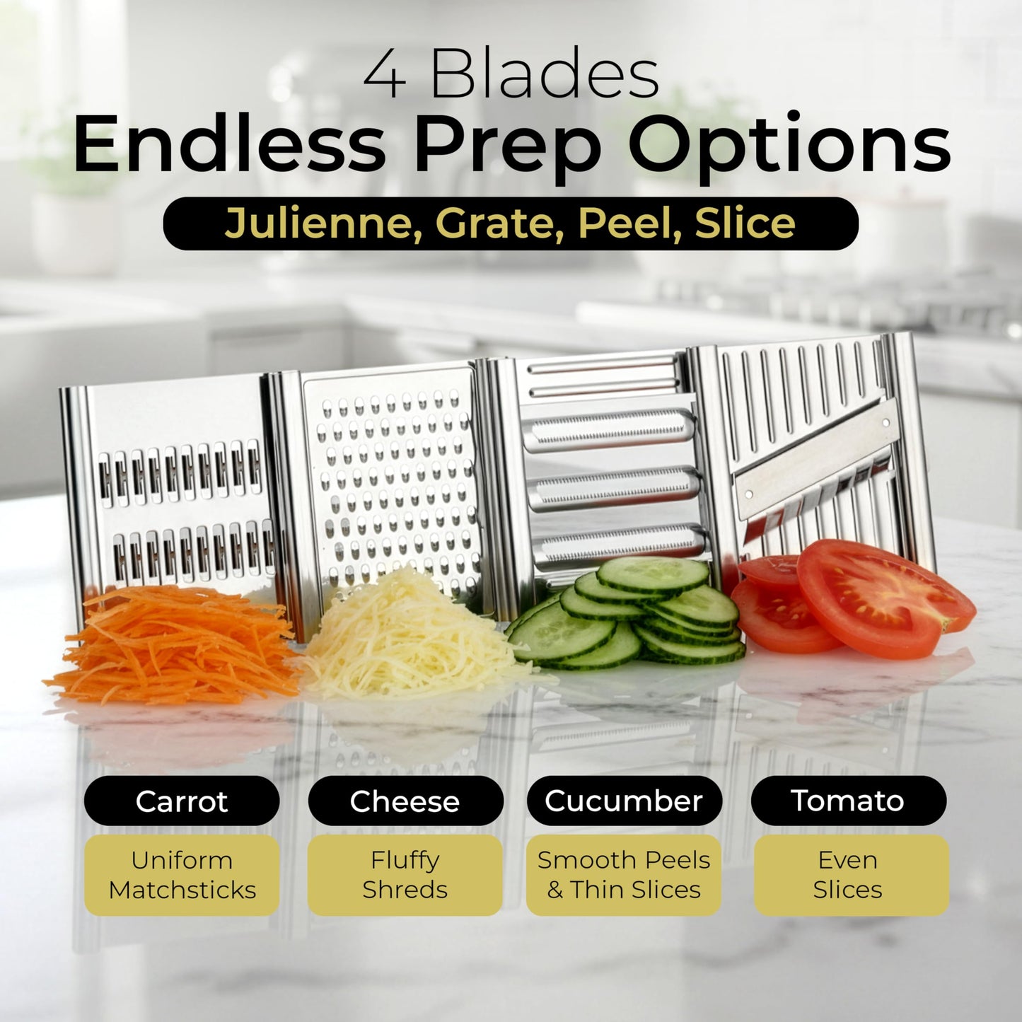 Gramercy Handheld Mandoline Slicer for Kitchen - Stainless Steel Veggie & Fruit Slicer with 4 Blades - Slicer, Julienne & Grater; Cut Resistant Safety Glove & Cleaning Brush Included; Dishwasher Safe