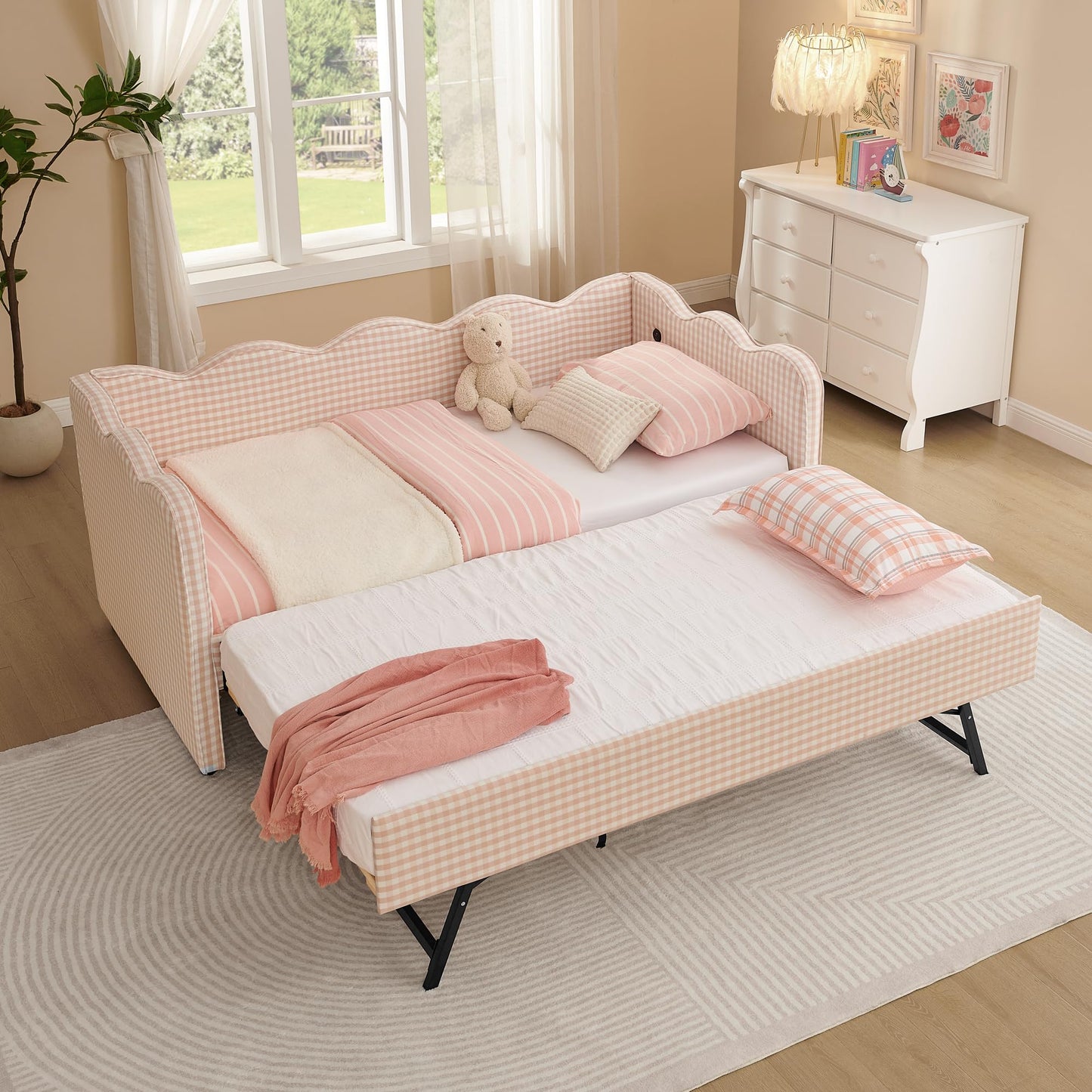 KEIKI Twin Size Upholstery Daybed with Trundle and USB, Twin to King Design Adorable Wave Shaped Extendable Linen Sofa Bed, Easy Assembly, No Box Spring Required, for Living Room and Bedroom, Pink