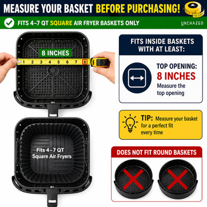 Air Fryer Silicone Liners 2 Pack for 4–7QT Square Basket – Reusable Nonstick Food-Grade Silicone Air Fryer Basket Liners – Dishwasher Safe, Includes Tongs & Basting Brush