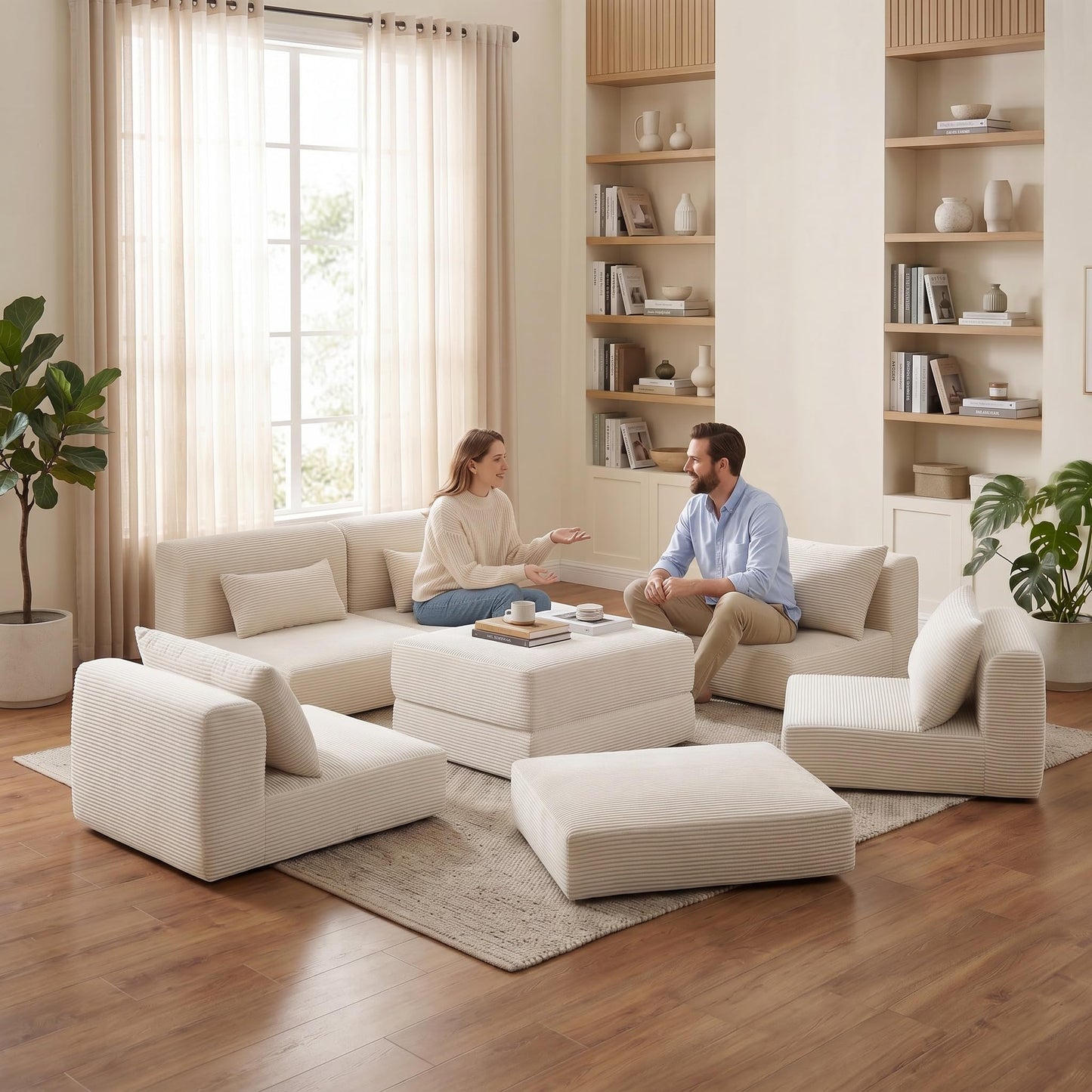 Trygoal 100" Sectional Boneless Couches Set for Living Room, Movable L Shaped Upholstered Modular Couch with 5 Pillows, DIY Combination Cloud Sofa for Apartment & Bedroom, White